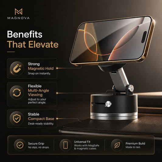 360° Folding Magnetic Phone Holder | Vacuum Suction Car Mount with Strong Magnetic Grip | Adjustable Dashboard, Windshield & Desk Mobile Stand