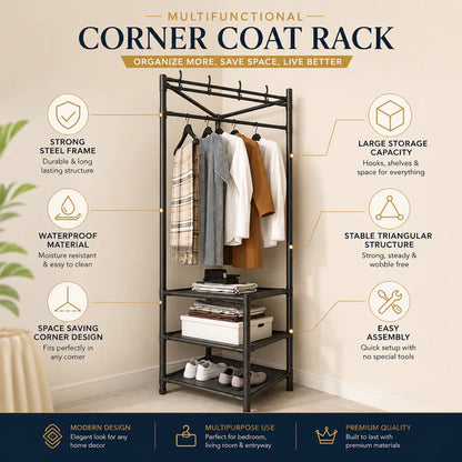 Premium Multifunctional Corner Coat Rack | Nail-Free Installation | Space Saving Wall Organizer with Hooks