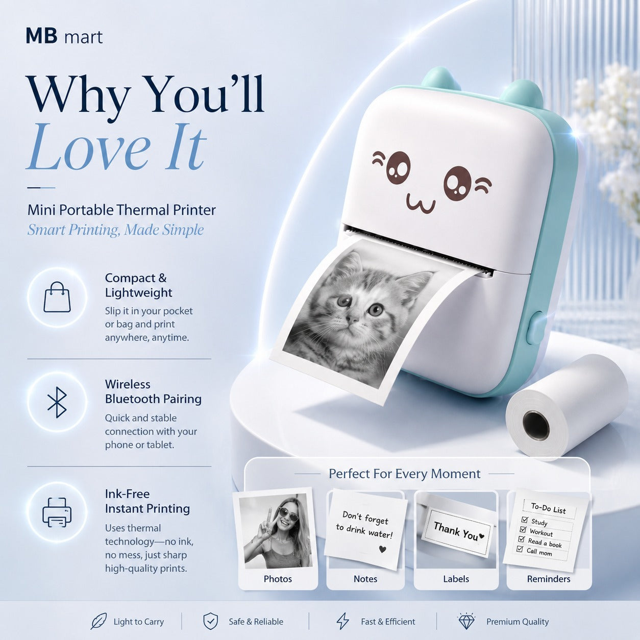 Wireless Mini Thermal Printer | Portable Bluetooth Pocket Printer | 1 Roll Included