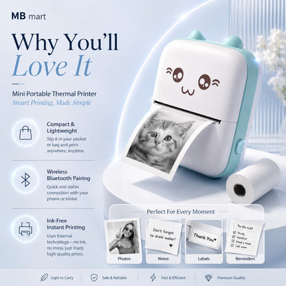 Wireless Mini Thermal Printer | Portable Bluetooth Pocket Printer | 1 Roll Included