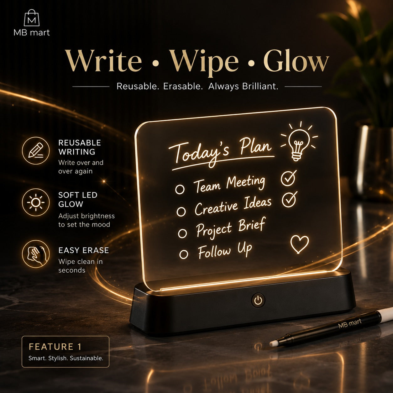 LED Light-Up Message Board | Reusable Acrylic Writing Pad with Stand & Erasable Pens for Kids, Study & Home Decoration