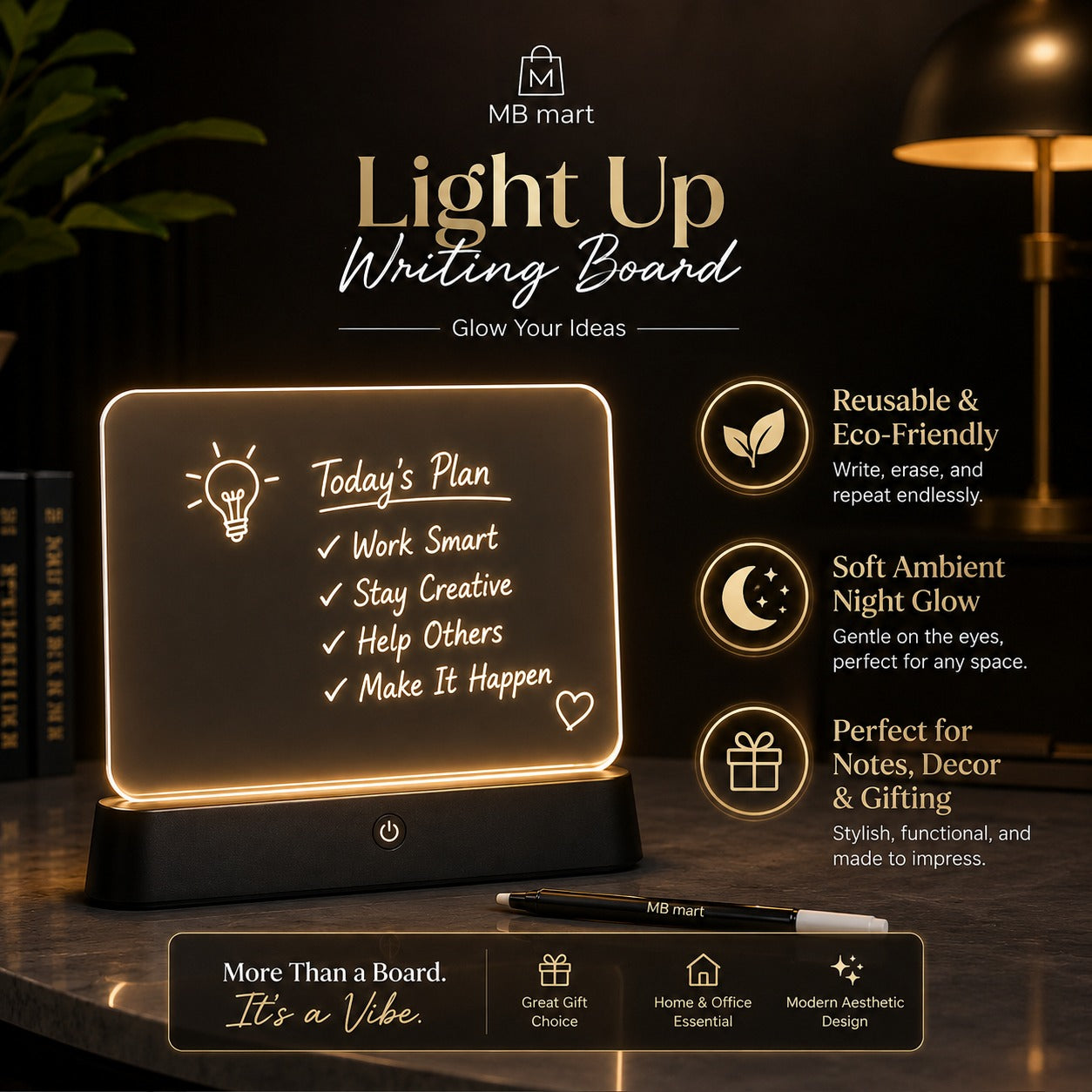 LED Light-Up Message Board | Reusable Acrylic Writing Pad with Stand & Erasable Pens for Kids, Study & Home Decoration