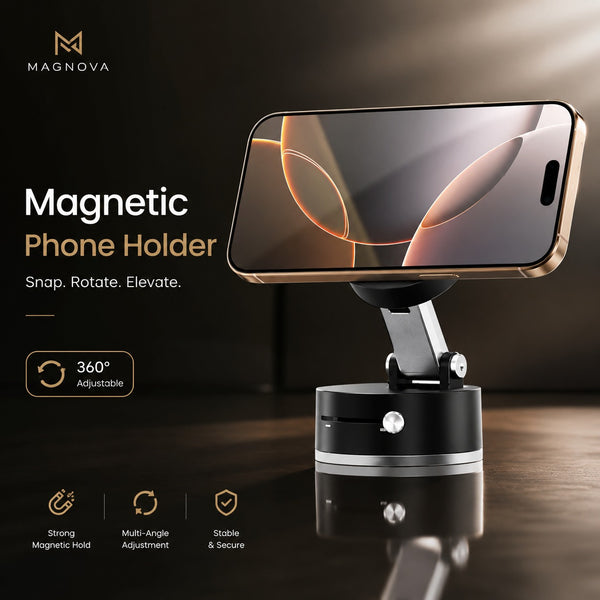 360° Folding Magnetic Phone Holder | Vacuum Suction Car Mount with Strong Magnetic Grip | Adjustable Dashboard, Windshield & Desk Mobile Stand